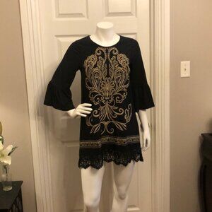 Paisley Vine pullover tunic mini dress size small spandex lace black gold